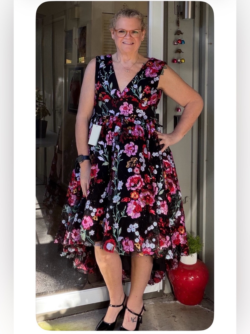 JessaKae Ebony Rose Black Floral V-Neck Midi Dress - Women